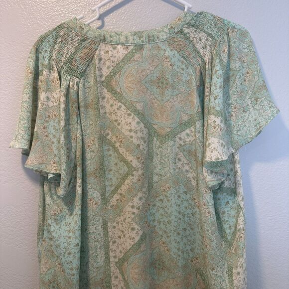 Rose + Olive Top Womens  1X Green Paisley Chiffon Short Sleeve Boho - Picture 9 of 11